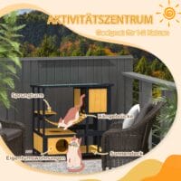 Gelbes wasserdichtes Katzenhaus aus Holz mit Hängebrücke, bietet Schutz und Unterhaltung im Aussenbereich.