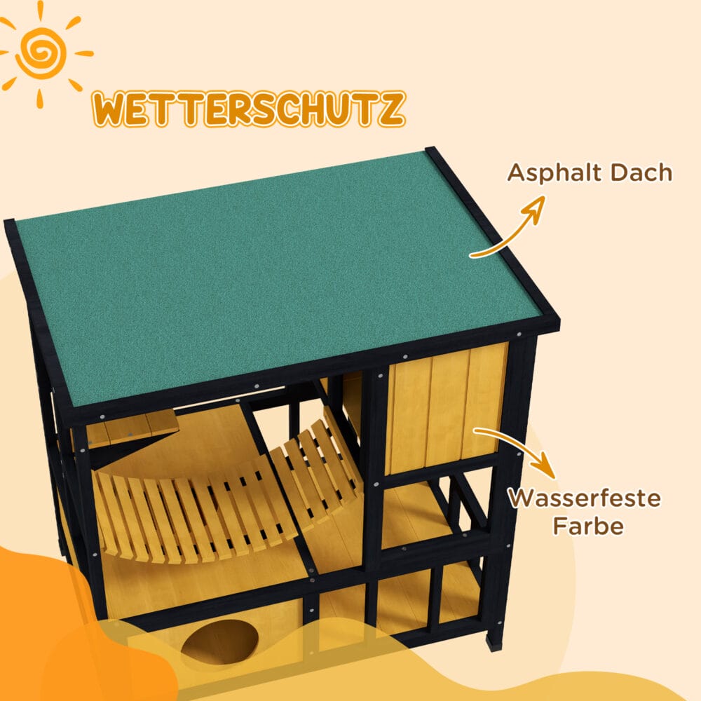 Gelbes wasserdichtes Katzenhaus aus Holz mit Hängebrücke, bietet Schutz und Unterhaltung im Aussenbereich.