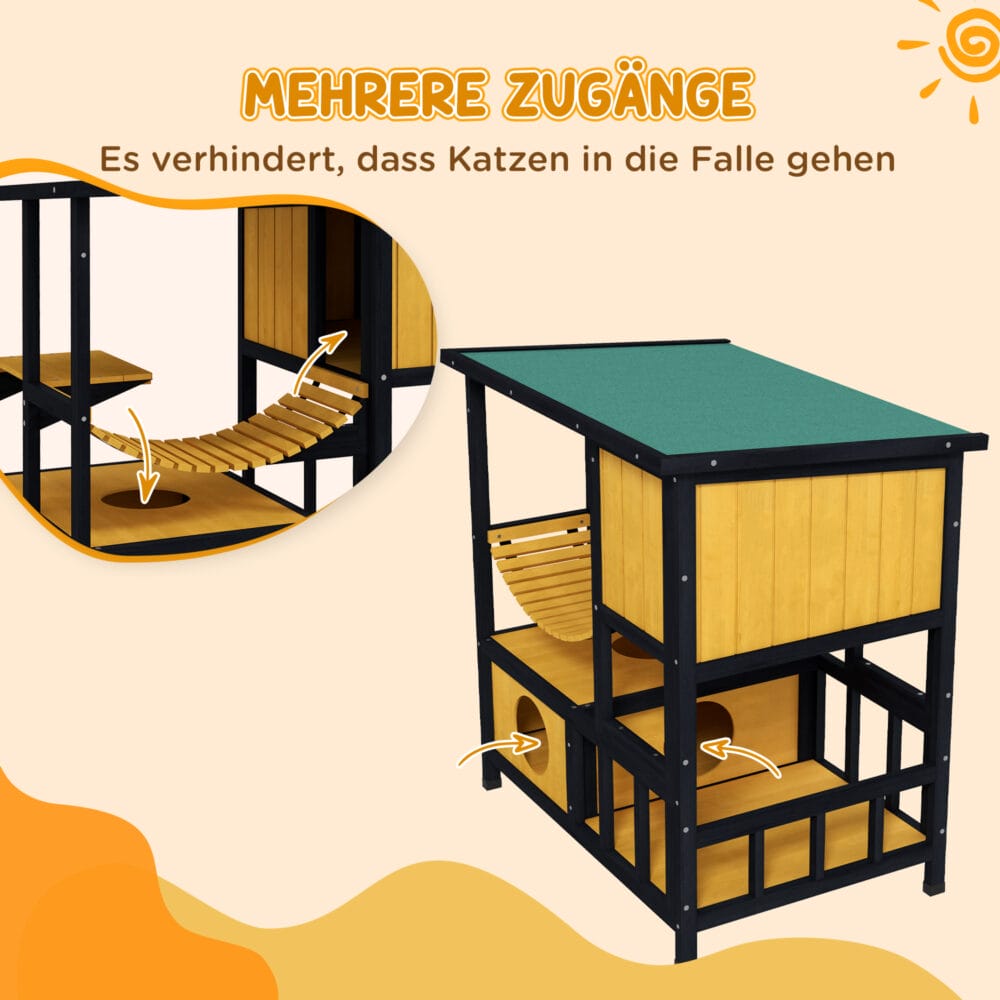 Gelbes wasserdichtes Katzenhaus aus Holz mit Hängebrücke, bietet Schutz und Unterhaltung im Aussenbereich.