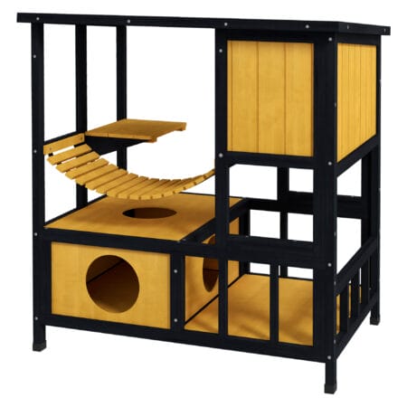 Gelbes wasserdichtes Katzenhaus aus Holz mit Hängebrücke, bietet Schutz und Unterhaltung im Aussenbereich.