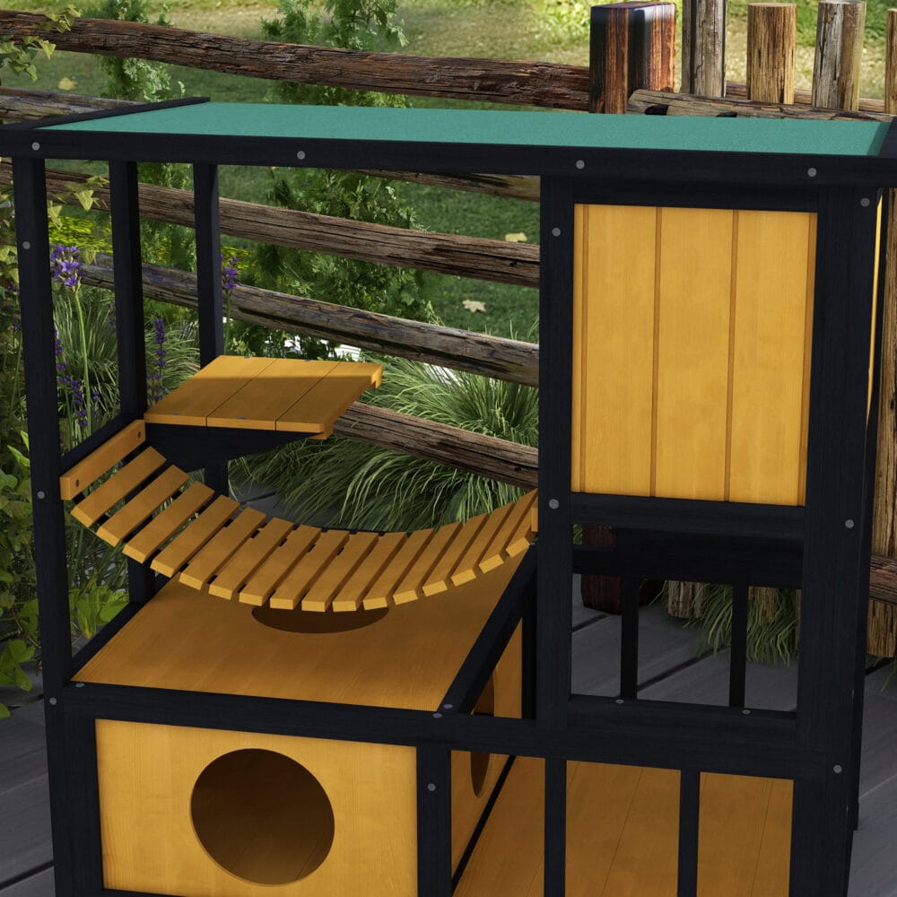 Gelbes wasserdichtes Katzenhaus aus Holz mit Hängebrücke, bietet Schutz und Unterhaltung im Aussenbereich.