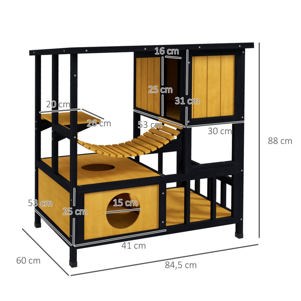 Gelbes wasserdichtes Katzenhaus aus Holz mit Hängebrücke, bietet Schutz und Unterhaltung im Aussenbereich.