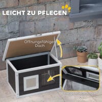 Graues wetterfestes Katzenhaus aus Holz mit integrierter Kratzmatte und Klappdach, bietet Schutz und Krallenpflege im Freien.
