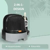 Graues Katzenhaus mit integrierter Katzentoilette und zwei Bodenwannen, Masse 52x60x42cm, bietet Komfort und Diskretion.