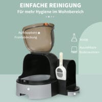 Graues Katzenhaus mit integrierter Katzentoilette und zwei Bodenwannen, Masse 52x60x42cm, bietet Komfort und Diskretion.