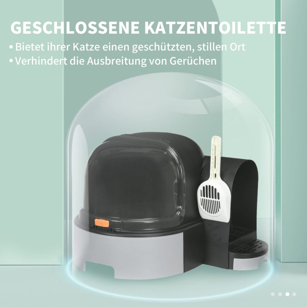 Graues Katzenhaus mit integrierter Katzentoilette und zwei Bodenwannen, Masse 52x60x42cm, bietet Komfort und Diskretion.