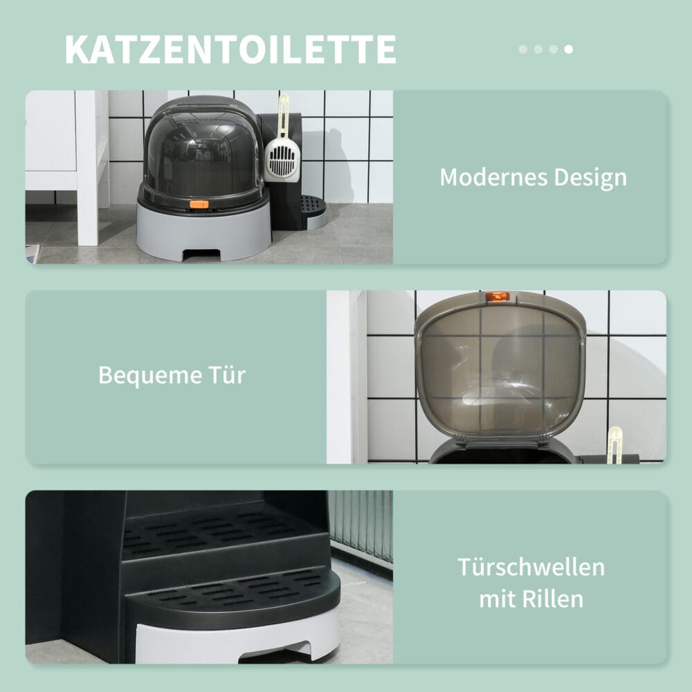 Graues Katzenhaus mit integrierter Katzentoilette und zwei Bodenwannen, Masse 52x60x42cm, bietet Komfort und Diskretion.