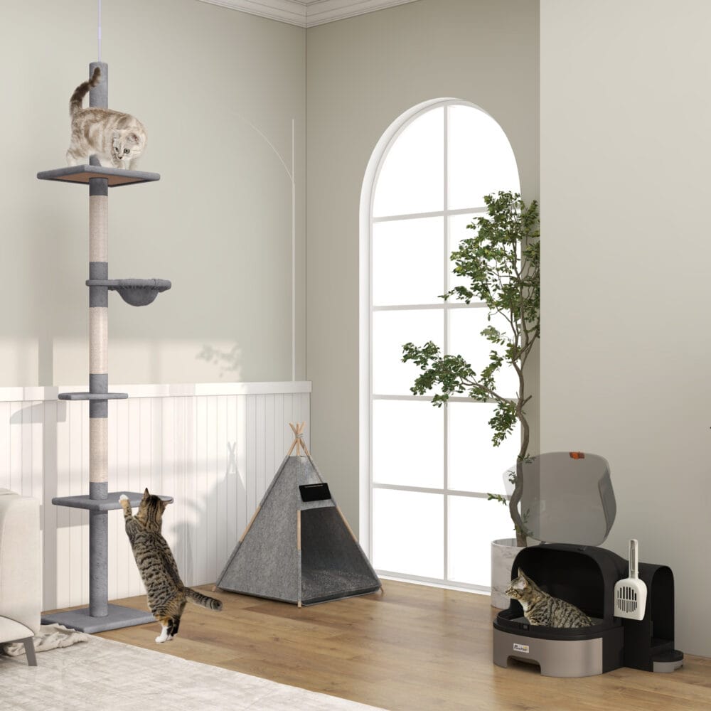 Graues Katzenhaus mit integrierter Katzentoilette und zwei Bodenwannen, Masse 52x60x42cm, bietet Komfort und Diskretion.
