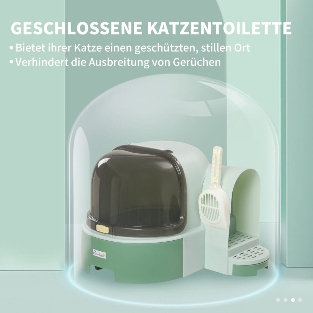 Grünes Katzenhaus mit integrierter Katzentoilette, zwei Bodenwannen und Haube, eine praktische All-in-One-Lösung.