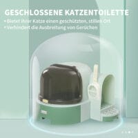 Grünes Katzenhaus mit integrierter Katzentoilette, zwei Bodenwannen und Haube, eine praktische All-in-One-Lösung.