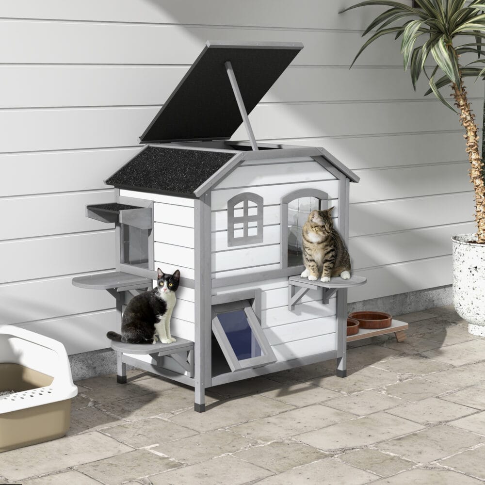 Weisses Outdoor-Katzenhaus aus Holz, Masse 78x55.5x91cm, bietet Schutz und Komfort im Freien.