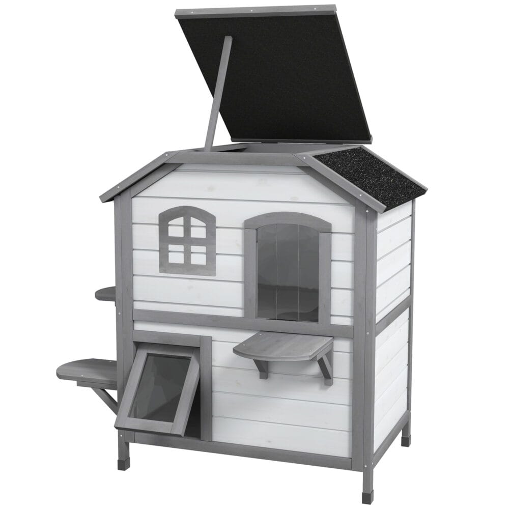 Weisses Outdoor-Katzenhaus aus Holz, Masse 78x55.5x91cm, bietet Schutz und Komfort im Freien.
