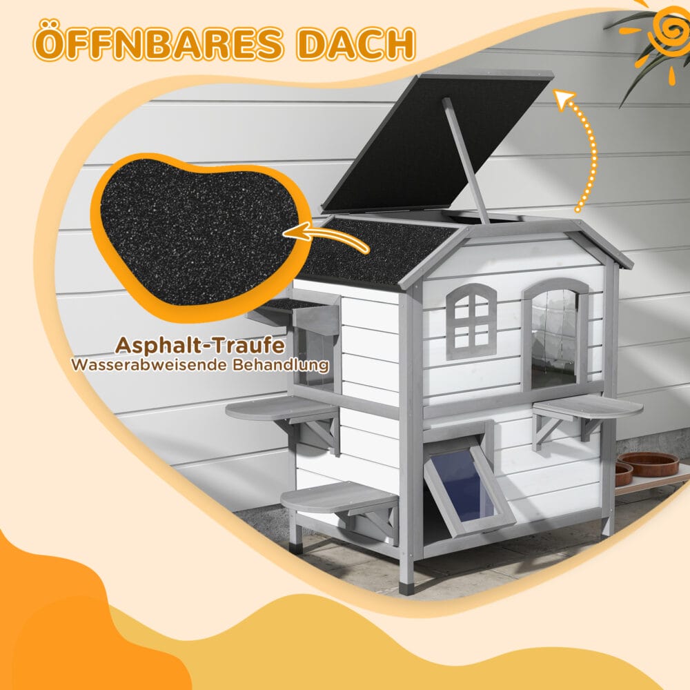 Weisses Outdoor-Katzenhaus aus Holz, Masse 78x55.5x91cm, bietet Schutz und Komfort im Freien.