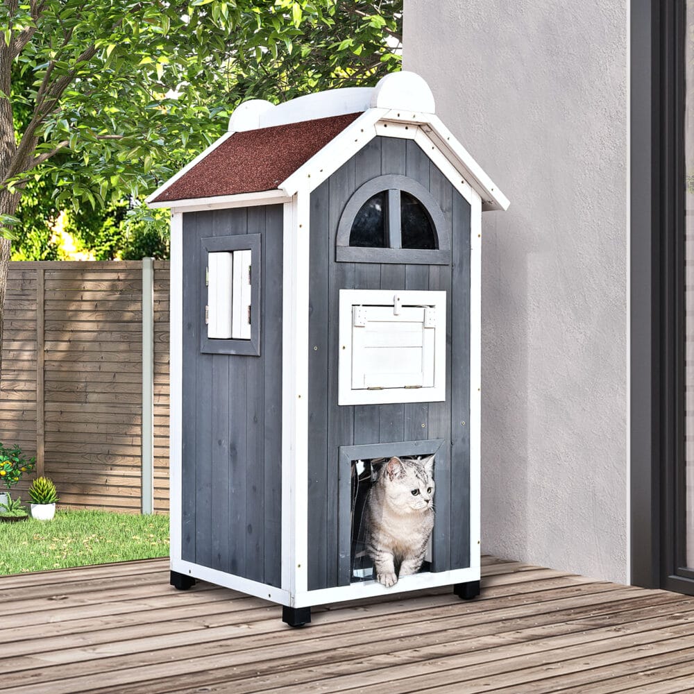 Graues Katzenhaus aus Tannenholz, Masse 59x55x109cm, ein robustes und geräumiges Zuhause für Ihre Katze.