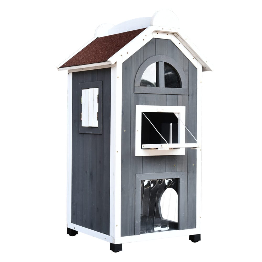 Graues Katzenhaus aus Tannenholz, Masse 59x55x109cm, ein robustes und geräumiges Zuhause für Ihre Katze.