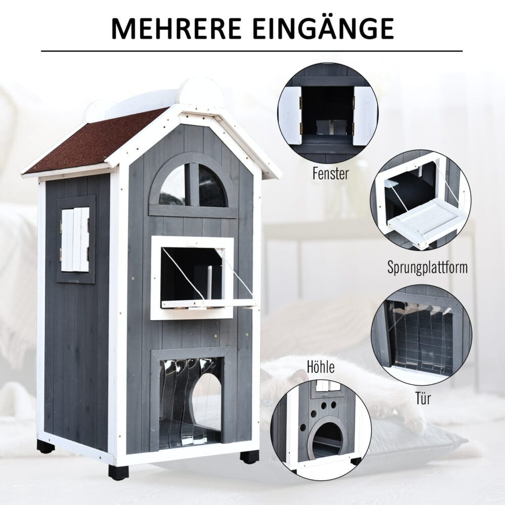 Graues Katzenhaus aus Tannenholz, Masse 59x55x109cm, ein robustes und geräumiges Zuhause für Ihre Katze.