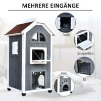 Graues Katzenhaus aus Tannenholz, Masse 59x55x109cm, ein robustes und geräumiges Zuhause für Ihre Katze.