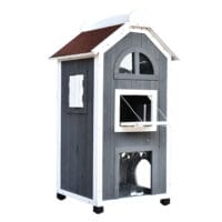 Graues Katzenhaus aus Tannenholz, Masse 59x55x109cm, ein robustes und geräumiges Zuhause für Ihre Katze.