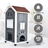 Graues Katzenhaus aus Tannenholz, Masse 59x55x109cm, ein robustes und geräumiges Zuhause für Ihre Katze.