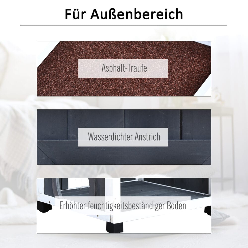 Graues Katzenhaus aus Tannenholz, Masse 59x55x109cm, ein robustes und geräumiges Zuhause für Ihre Katze.