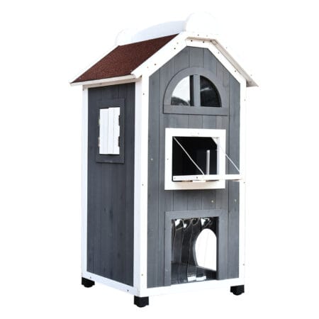 Graues Katzenhaus aus Tannenholz, Masse 59x55x109cm, ein robustes und geräumiges Zuhause für Ihre Katze.
