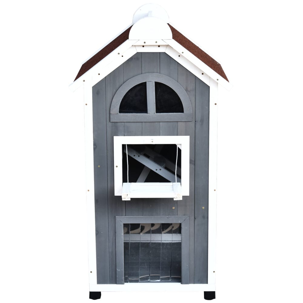 Graues Katzenhaus aus Tannenholz, Masse 59x55x109cm, ein robustes und geräumiges Zuhause für Ihre Katze.