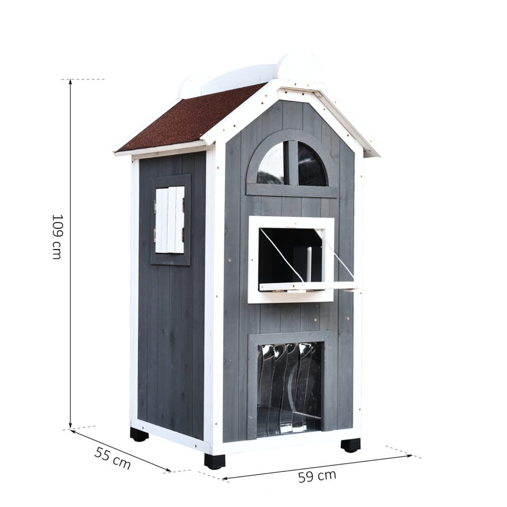 Graues Katzenhaus aus Tannenholz, Masse 59x55x109cm, ein robustes und geräumiges Zuhause für Ihre Katze.