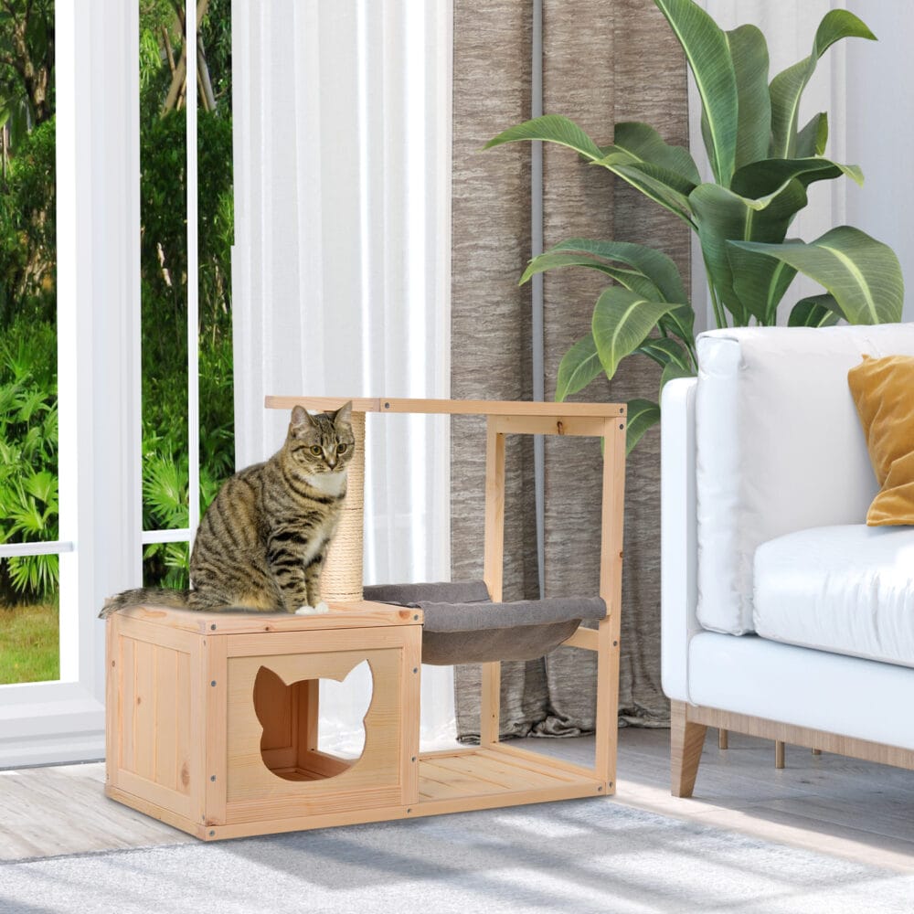 Naturfarbenes Katzenhaus aus Tannenholz, Masse 70x35x60cm, ein charmantes und gemütliches Heim für Ihre Katze.