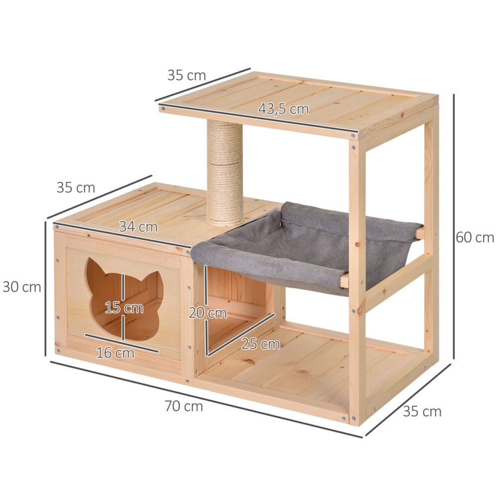 Naturfarbenes Katzenhaus aus Tannenholz, Masse 70x35x60cm, ein charmantes und gemütliches Heim für Ihre Katze.