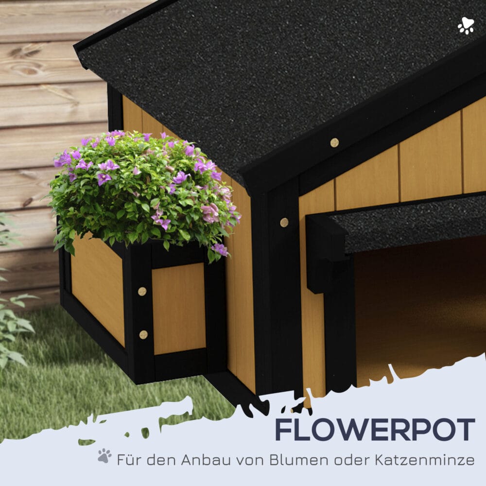 Gelbes winterfestes Katzenhaus aus Tannenholz, Masse 96x65x85.5cm, ideal für den ganzjährigen Einsatz im Garten.