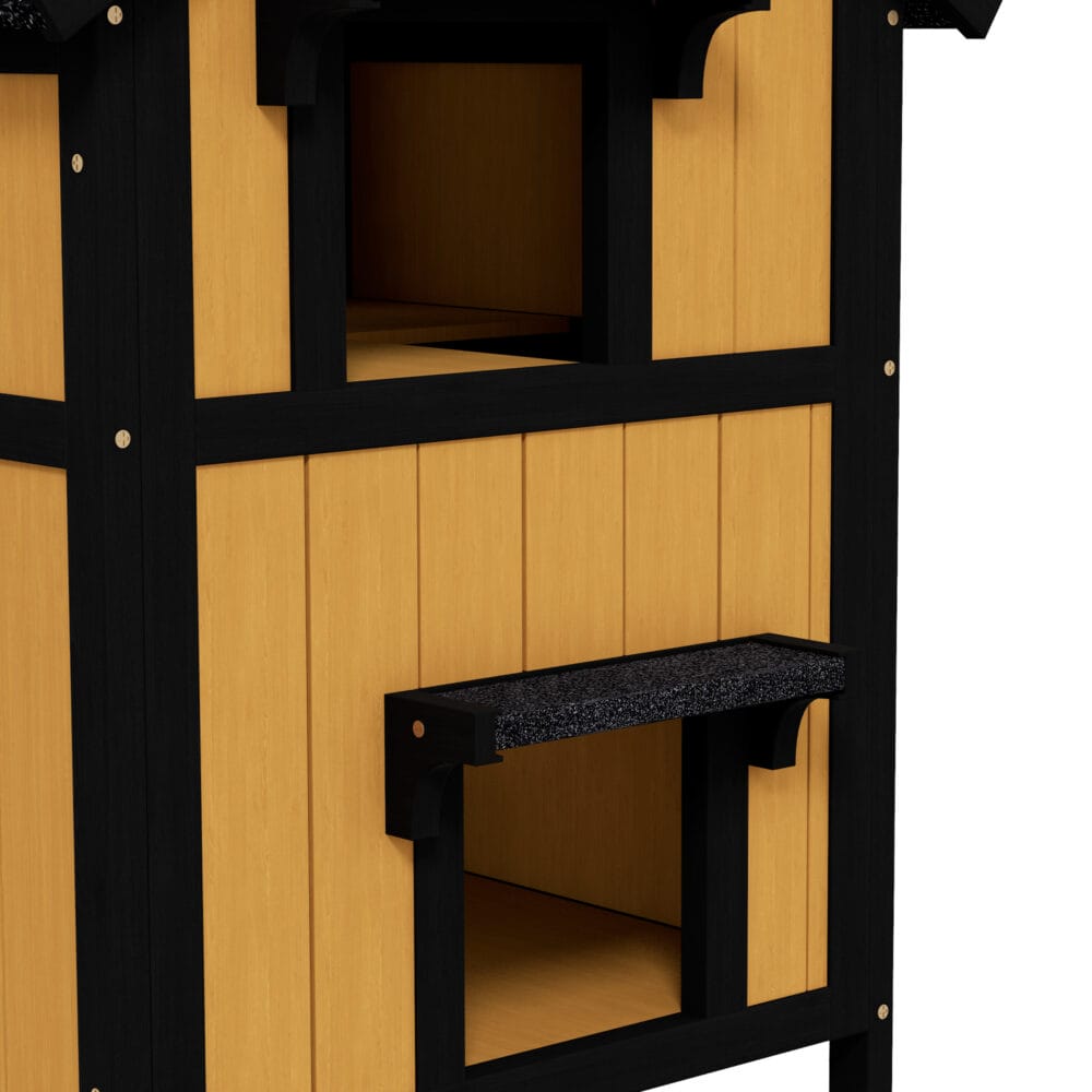 Gelbes winterfestes Katzenhaus aus Tannenholz, Masse 96x65x85.5cm, ideal für den ganzjährigen Einsatz im Garten.