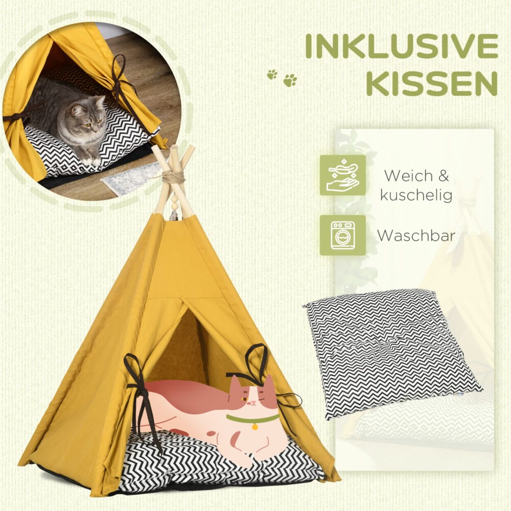 Gelbes Katzenhaus im Tipi-Zelt-Design, rutschfest, mit Kissen und Spielball, bietet einen gemütlichen und verspielten Rückzugsort.