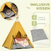 Gelbes Katzenhaus im Tipi-Zelt-Design, rutschfest, mit Kissen und Spielball, bietet einen gemütlichen und verspielten Rückzugsort.