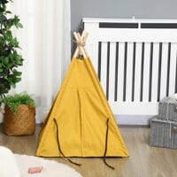 Gelbes Katzenhaus im Tipi-Zelt-Design, rutschfest, mit Kissen und Spielball, bietet einen gemütlichen und verspielten Rückzugsort.
