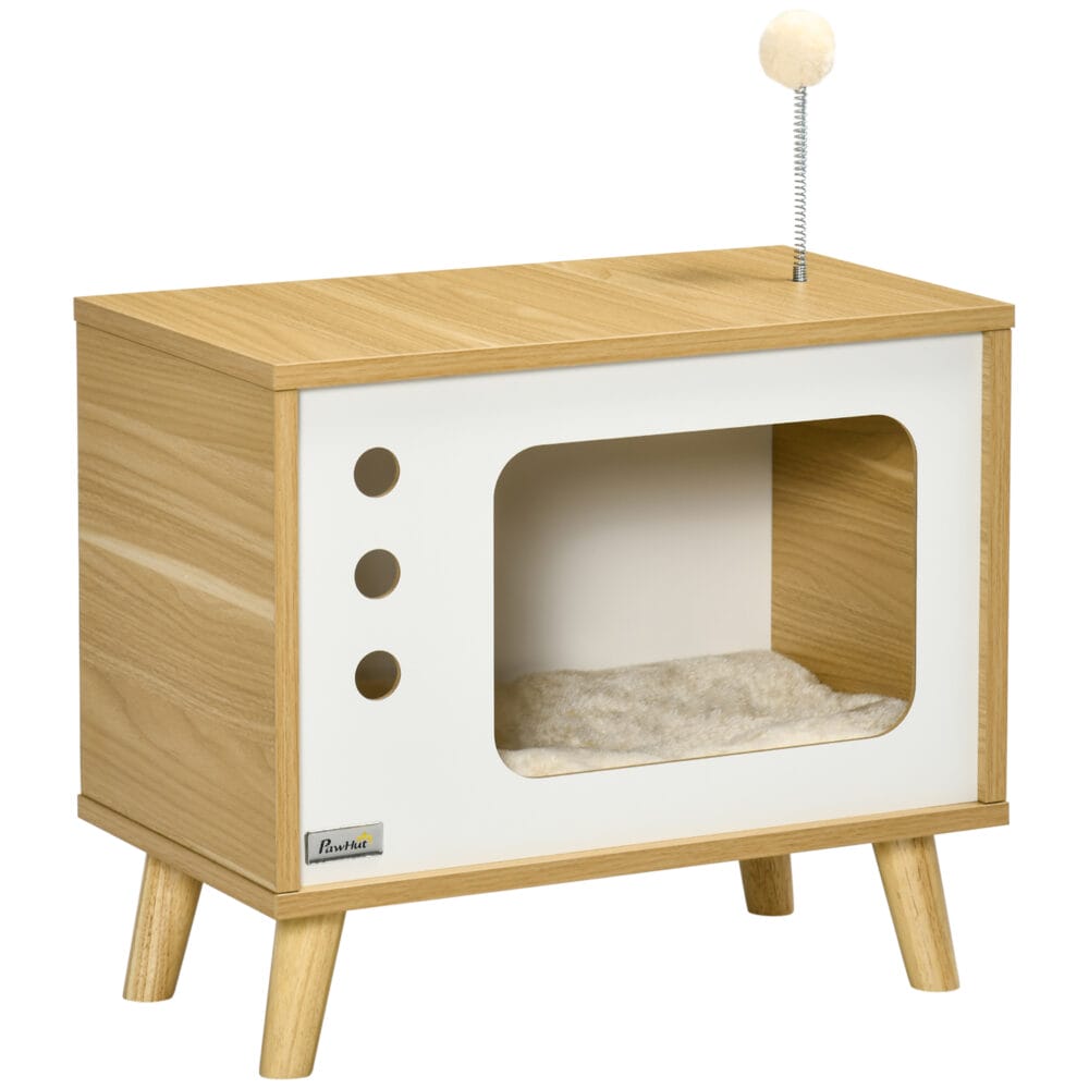 Beiges Katzenhaus im TV-Design mit Spielball und Kissen, ein origineller und gemütlicher Rückzugsort für Katzen.
