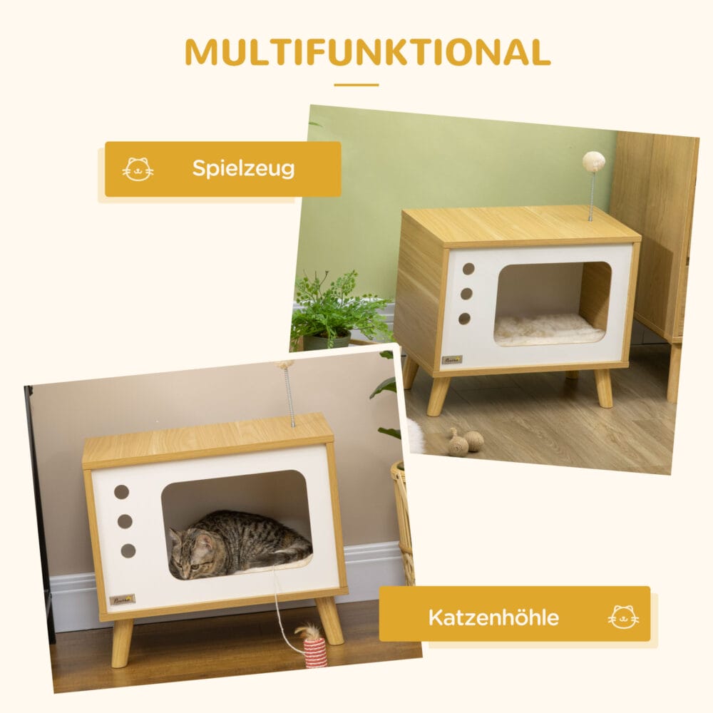 Beiges Katzenhaus im TV-Design mit Spielball und Kissen, ein origineller und gemütlicher Rückzugsort für Katzen.