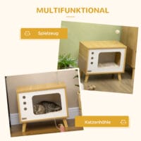 Beiges Katzenhaus im TV-Design mit Spielball und Kissen, ein origineller und gemütlicher Rückzugsort für Katzen.