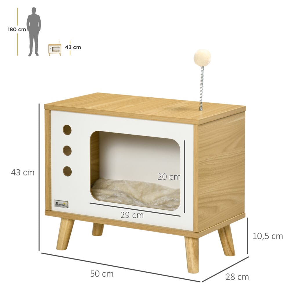 Beiges Katzenhaus im TV-Design mit Spielball und Kissen, ein origineller und gemütlicher Rückzugsort für Katzen.