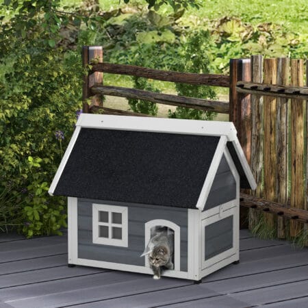 Graues wetterfestes Katzenhaus aus Holz, Masse 77x57.5x68cm, ideal für den Einsatz im Garten oder auf dem Balkon.