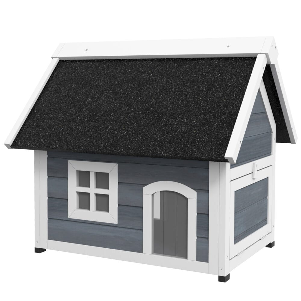 Graues wetterfestes Katzenhaus aus Holz, Masse 77x57.5x68cm, ideal für den Einsatz im Garten oder auf dem Balkon.