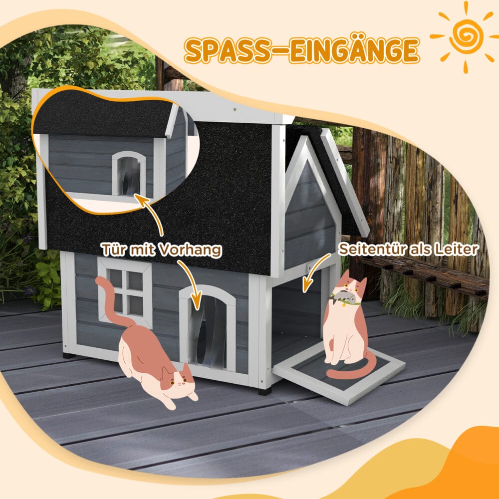 Graues wetterfestes Katzenhaus aus Holz, Masse 77x57.5x68cm, ideal für den Einsatz im Garten oder auf dem Balkon.