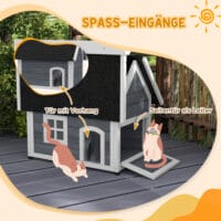 Graues wetterfestes Katzenhaus aus Holz, Masse 77x57.5x68cm, ideal für den Einsatz im Garten oder auf dem Balkon.