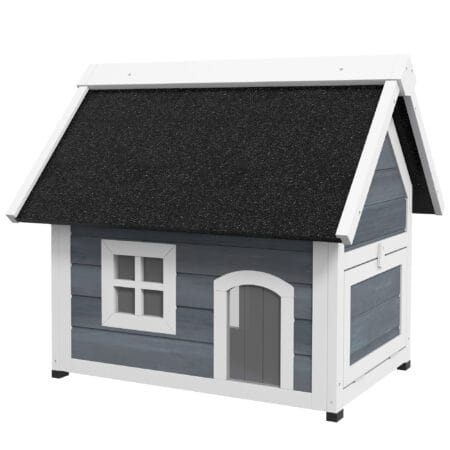 Graues wetterfestes Katzenhaus aus Holz, Masse 77x57.5x68cm, ideal für den Einsatz im Garten oder auf dem Balkon.