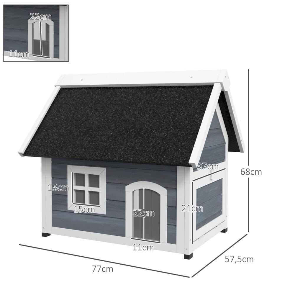 Graues wetterfestes Katzenhaus aus Holz, Masse 77x57.5x68cm, ideal für den Einsatz im Garten oder auf dem Balkon.