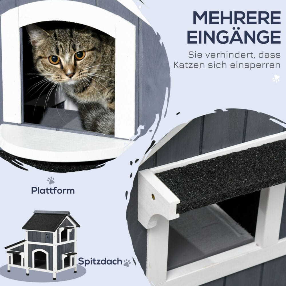 Graues wetterfestes Katzenhaus aus Tannenholz, bietet Katzen Schutz im Freien.