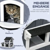 Graues wetterfestes Katzenhaus aus Tannenholz, bietet Katzen Schutz im Freien.
