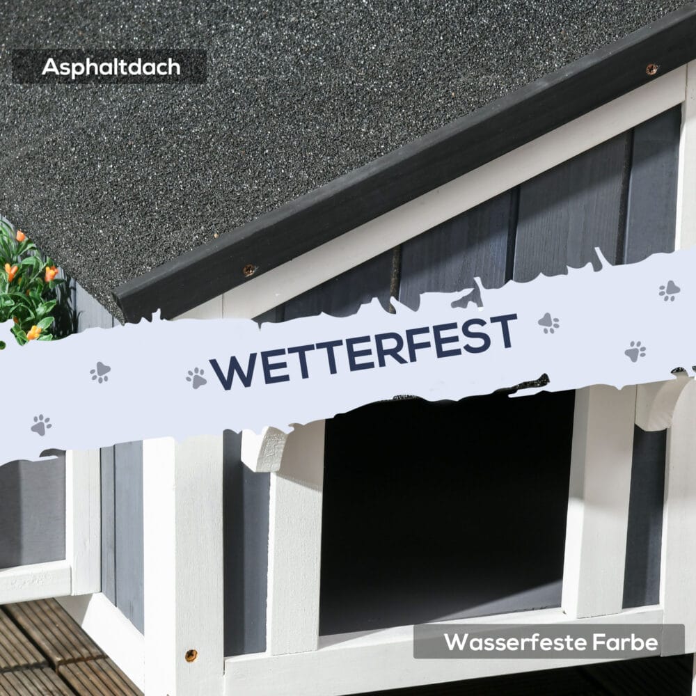 Graues wetterfestes Katzenhaus aus Tannenholz, bietet Katzen Schutz im Freien.