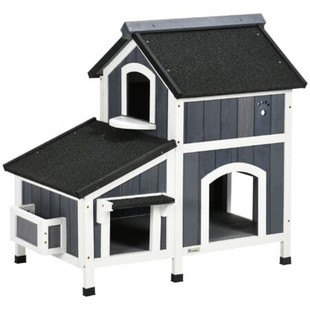 Graues wetterfestes Katzenhaus aus Tannenholz, bietet Katzen Schutz im Freien.
