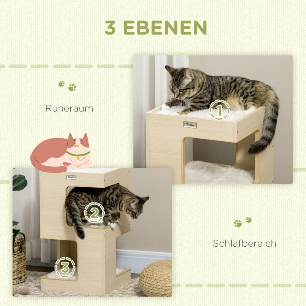 Eichenfarbene 3-stufige Katzenhöhle mit Kissen und Spielzeug, bietet Komfort und Unterhaltung.