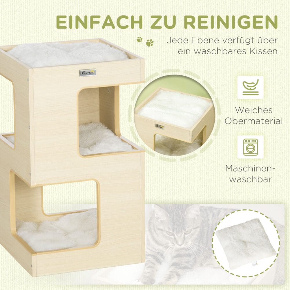 Eichenfarbene 3-stufige Katzenhöhle mit Kissen und Spielzeug, bietet Komfort und Unterhaltung.